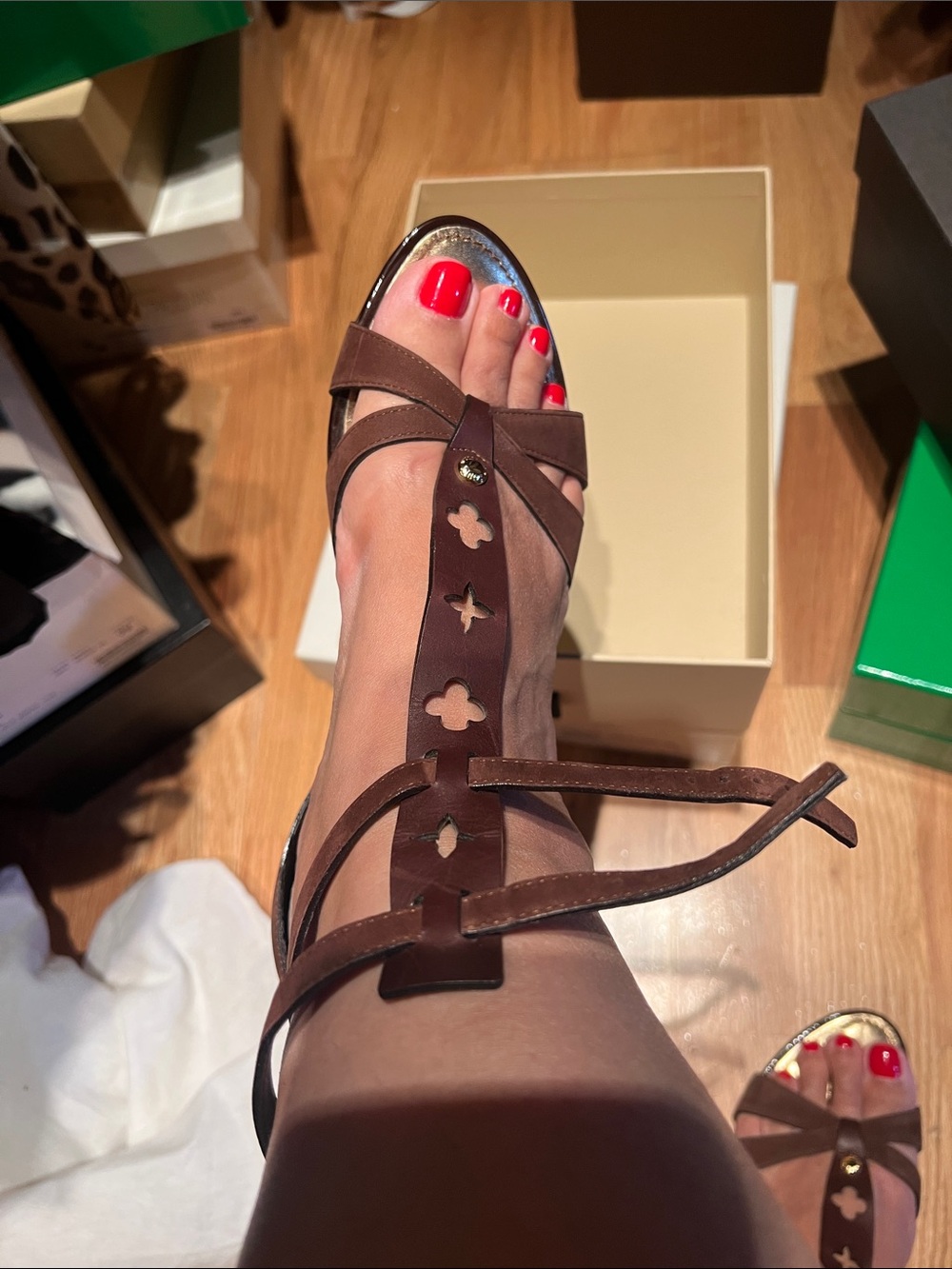 Louis Vuitton Brown Leather T-Strap Sandals with Cutout Motif